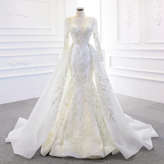 Noble Long-sleeved Lace Lace-up Wedding Dress Elegant Detachable Train Wedding Dress Exquisite Embroidery Wedding Dress