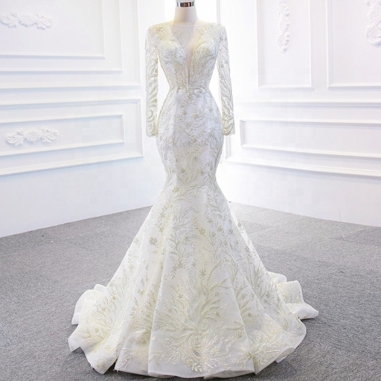 Noble Long-sleeved Lace Lace-up Wedding Dress Elegant Detachable Train Wedding Dress Exquisite Embroidery Wedding Dress