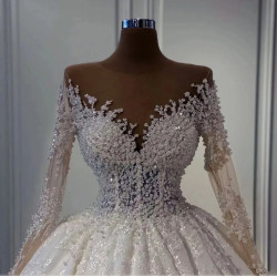 فستان زفاف كلاسيكي فاخر بتصميم أميرة بأكمام عادية مطرز باللؤلؤ بتصميم فستان سهرة طويل وذيل قصير وقصة واسعة من الأسفل