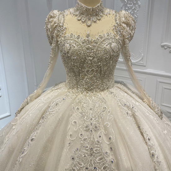 Luxury Lace High Plus Size Women's Puffy Ball Gown Wedding Dresses