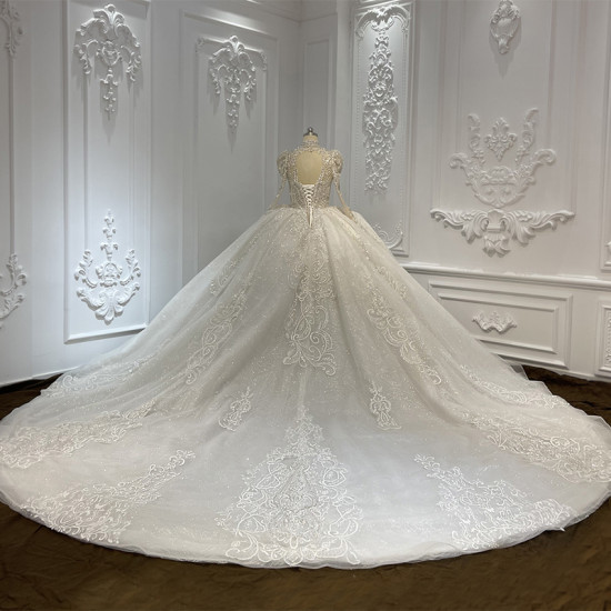 Luxury Lace High Plus Size Women's Puffy Ball Gown Wedding Dresses