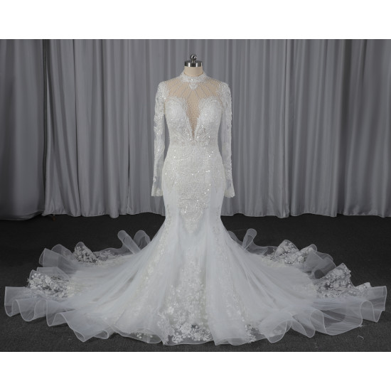 فستان زفاف فاخر طويل الأكمام بياقة عالية مزين باللؤلؤ والدانتيل المطرز بتصميم حورية البحر/البوق الجميل
