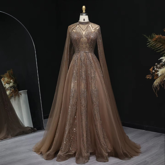 For Jancember LSZ050 Arabic Brown Shiny Sequins Evening Prom Gowns A-line Formal Dresses with Beading Crystal Waistline for Part