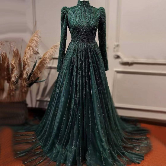 Green Muslim Long Sleeve Heavy Beading Ball Gown Full Covered a Line Evening Dresses