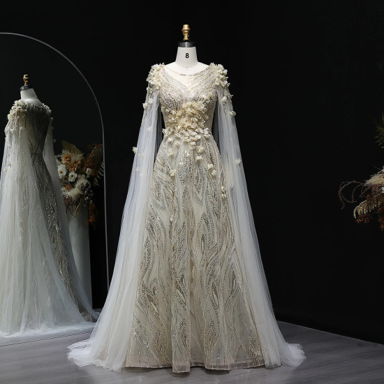 فستان زفاف كلاسيكي من جانسيمبر LSZ060 مزين بالترتر ثلاثي الأبعاد على شكل زهور بأكمام واسعة