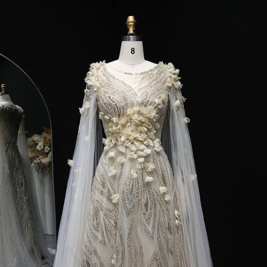فستان زفاف كلاسيكي من جانسيمبر LSZ060 مزين بالترتر ثلاثي الأبعاد على شكل زهور بأكمام واسعة