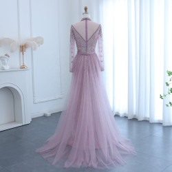 فستان سهرة لامع بأكمام طويلة من ميلي برايدل LDC6527 بذيل قابل للفصل مزين بالخرز اللامع