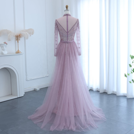 Mily Bridal LDC6527 Detachable Train Shiny Evening Dresses with Beads Bling Long Sleeve Evening Dress Gown Dresses