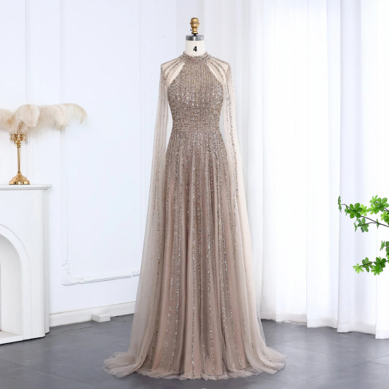 Arabic Turquoise Luxury Dubai Evening Dress With Cape Sleeves Caramel For Women Wedding Party