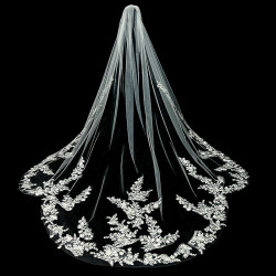 Feishiluo Ivory and White 100% Polyester Appliques Lace Bridal Wedding Veils One Layer Long Floral Bride Accessories