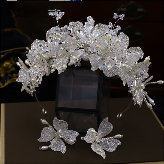 Feishiluo Luxury Exquisite Leaf Crystal Rhinestone Bridal Crown With Earring Jewelry Set Flower Tiaras Wedding Crown for Bride