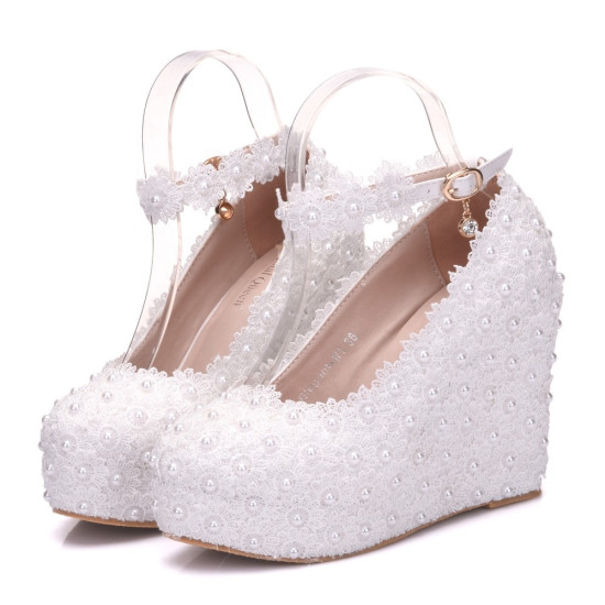 Lace Flower Pearls Wedge Platform High Heels Pump Bride Wedding Shoes