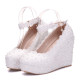 Lace Flower Pearls Wedge Platform High Heels Pump Bride Wedding Shoes