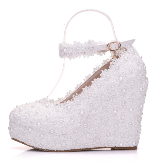 Lace Flower Pearls Wedge Platform High Heels Pump Bride Wedding Shoes
