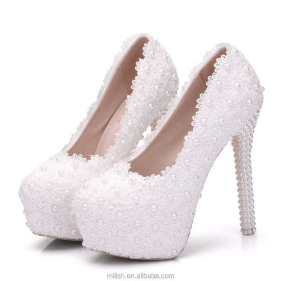 Lace Flower Pearls Wedge Platform Stiletto High Heels Pump Bride Wedding Shoes