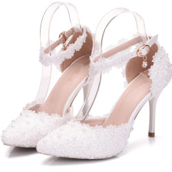 SHO-003 Women High Heels Sandals White Lace Pearls Wedding Shoes Pointed Toe Bridal Shoes