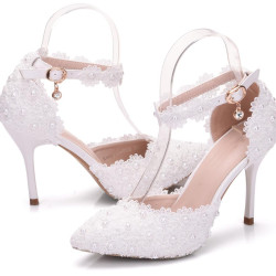 SHO-003 Women High Heels Sandals White Lace Pearls Wedding Shoes Pointed Toe Bridal Shoes